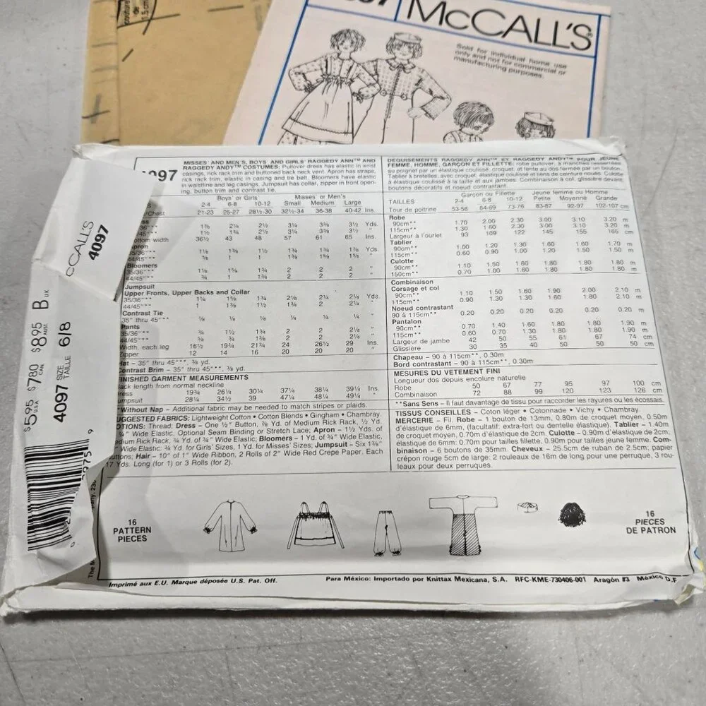 McCalls Crafts 4097 Sewing pattern Raggedy Ann/ Andy costumes Kids 6/8 UNCUT